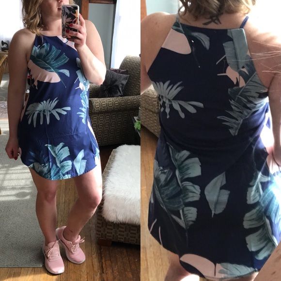 Adorbs Short Blue Palm Floral Vacation Style Dress - Picture 4 of 7